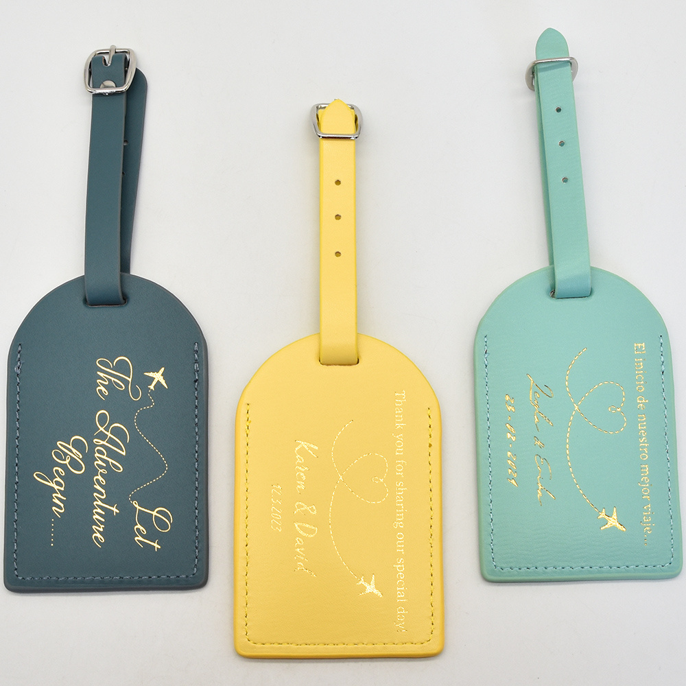 Wholesale bulk wedding favor gift custom logo embossed gold silver stamping blue pink pu faux leather luggage tags