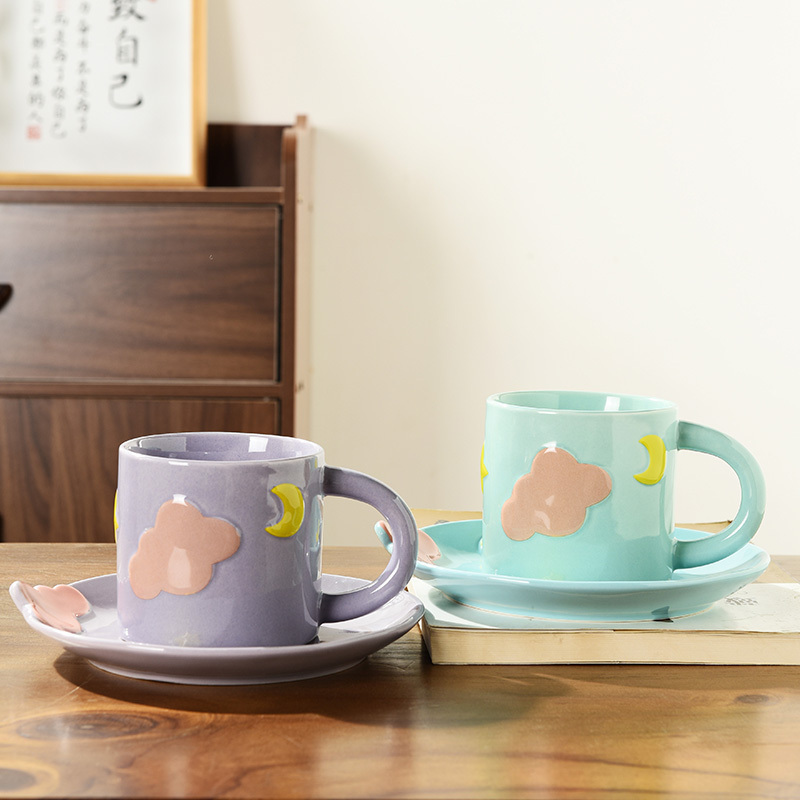 Korean ins style hand-painted star and moon ceramic coffee cup and saucer niche design embossed cloud mug