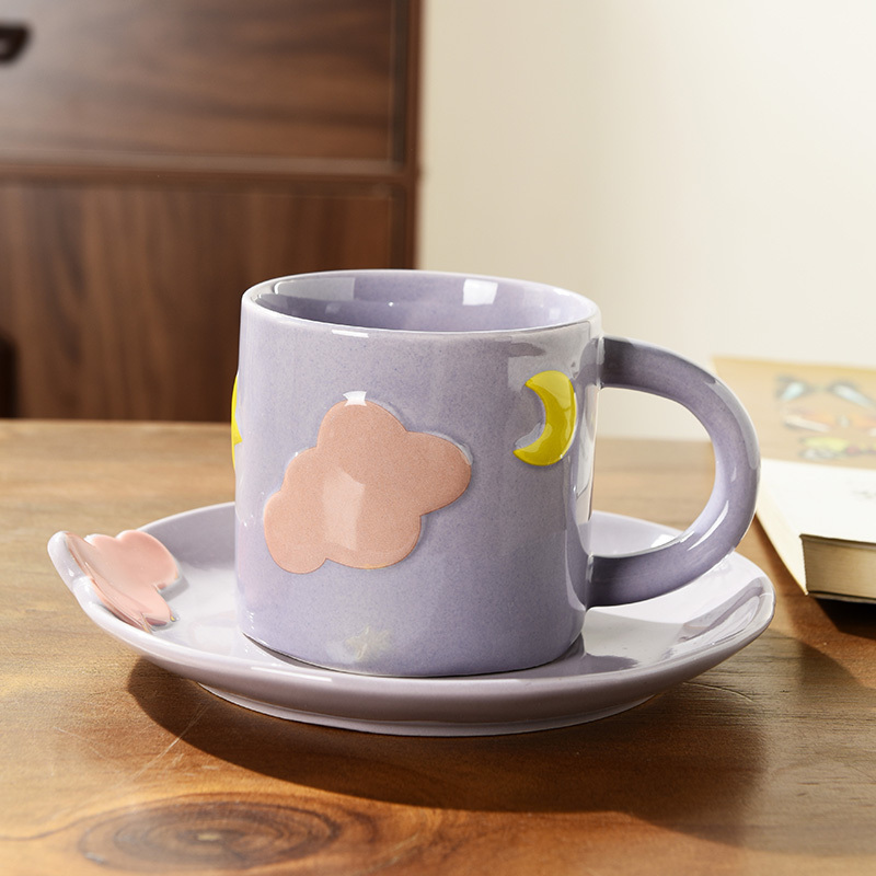 Korean ins style hand-painted star and moon ceramic coffee cup and saucer niche design embossed cloud mug