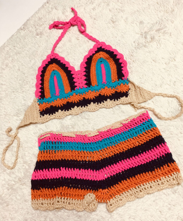 STOCK NO PAD Sexi Lady Crochet Swimwear Handmade Boy Short Cut Cheeky Bikini Set