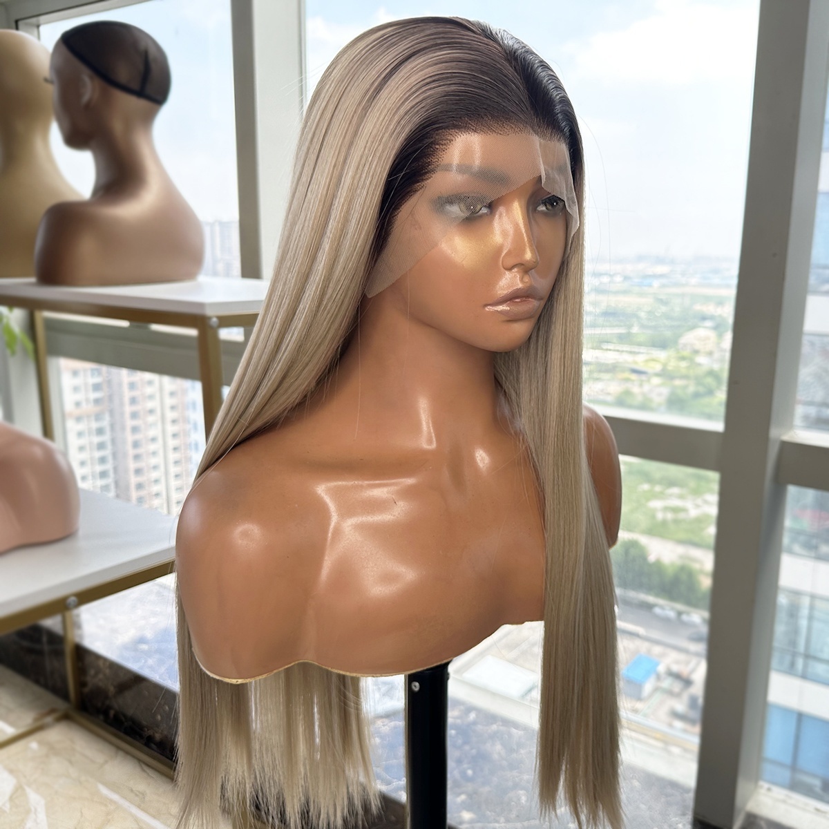 YY WIGS Lace Front Wig for Black Women #1B/103 Dark Roots Honey Blonde Futura Fiber Synthetic Heat Resistant Free Parting