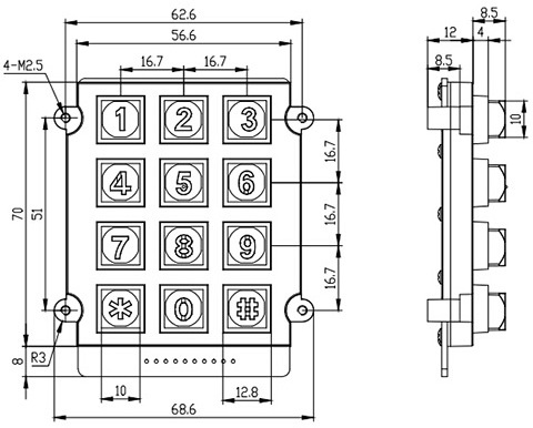 12 keys LED backlight keypad/access control enclosures keypad/security keypad for garage door lock