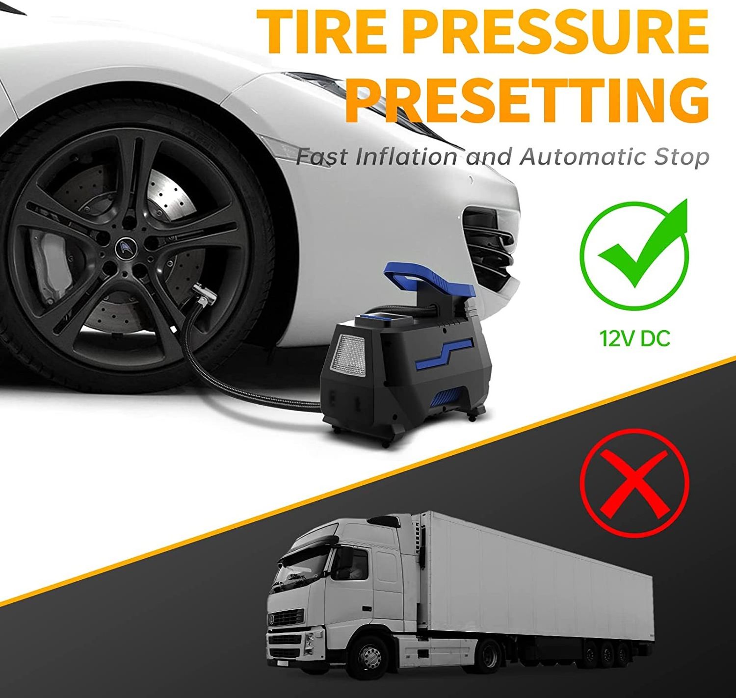 Tire Pressure Monitor Electric Air Compressor 150PSI Portable Tire Inflator 3 Power Supply 12V with LED Light