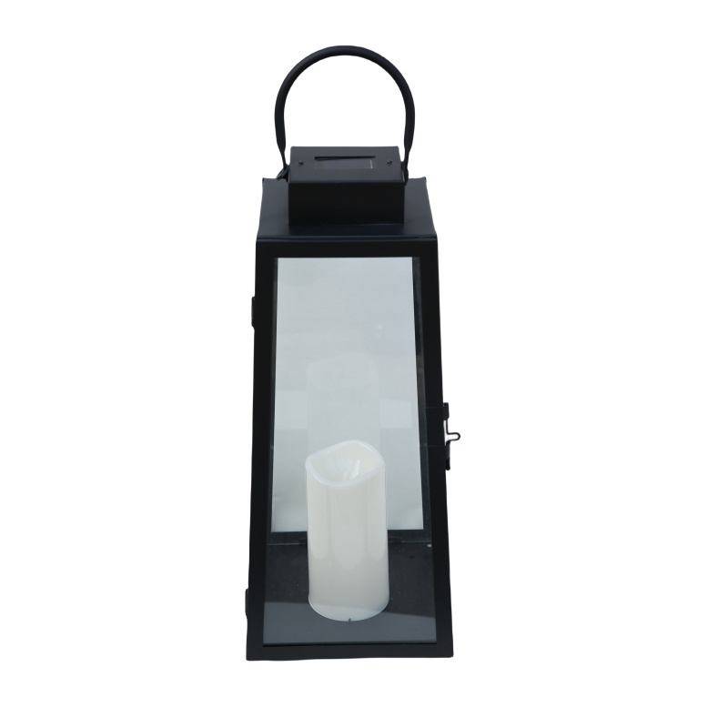 High Quality Nordic Luxury Decoration Flameless Electronic Candle Lantern Square Garden Outdoor Hanging Black Metal Solar Light