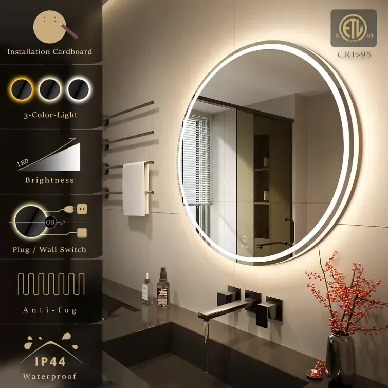 Large Modern Design Round Wall Mounted Decor  Mirror Smart  Changing LED Back-lit Bathroom Makeup Mirror with Light and Defogger