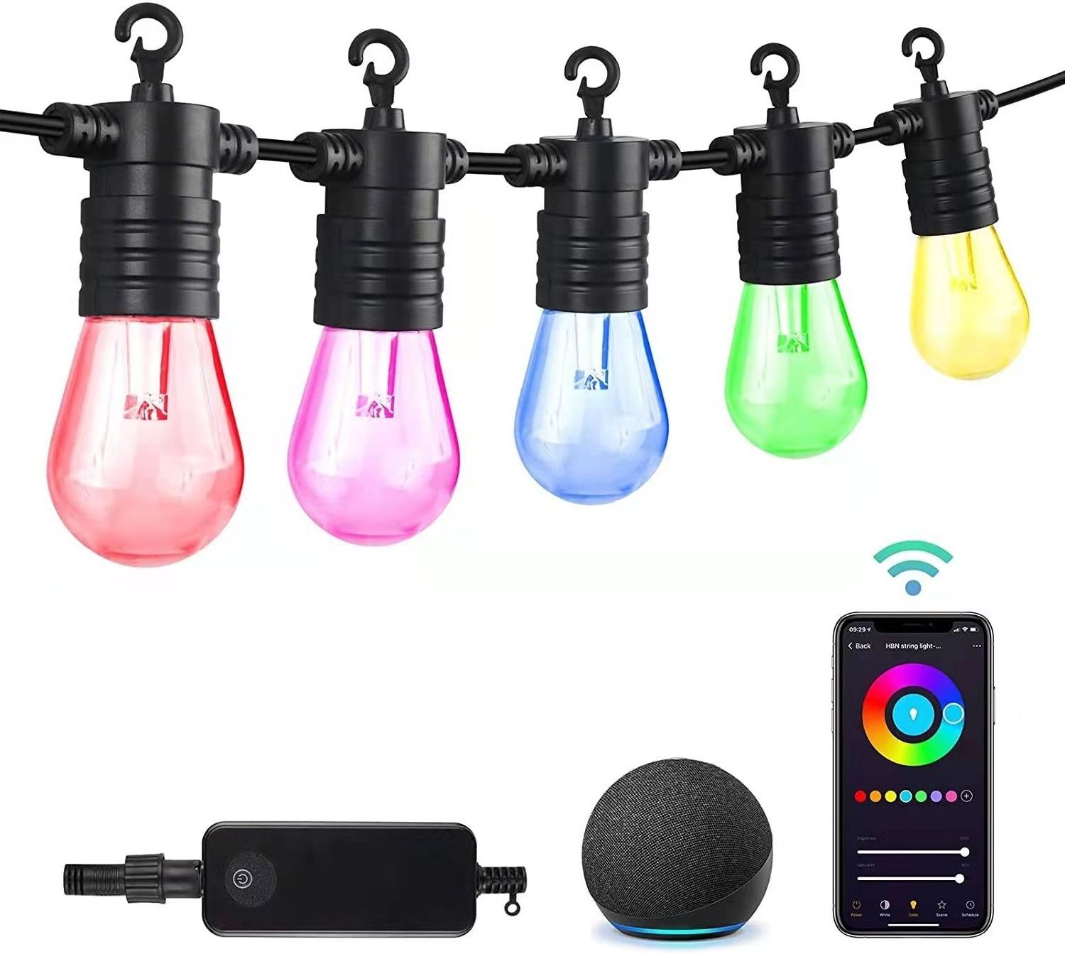 Smart Outdoor String Lights RGB Patio Lights LED App & WiFi Control  Color Changing  Dimmable  22 LED  Bulbs Works with Alexa