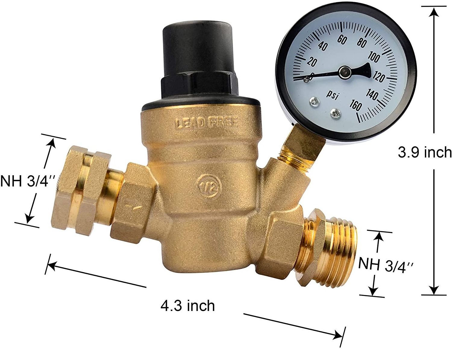 Water Pressure Regulator Brass Lead Free, NH Thread for RV, Adjustable Plumbing with 160 PSI Gauge