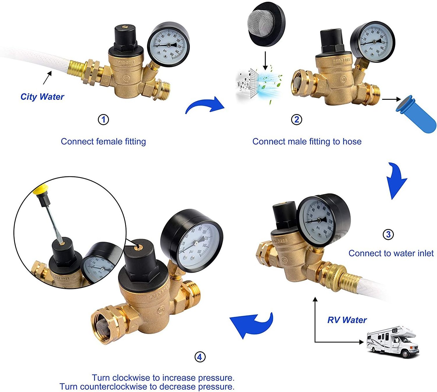 Water Pressure Regulator Brass Lead Free, NH Thread for RV, Adjustable Plumbing with 160 PSI Gauge