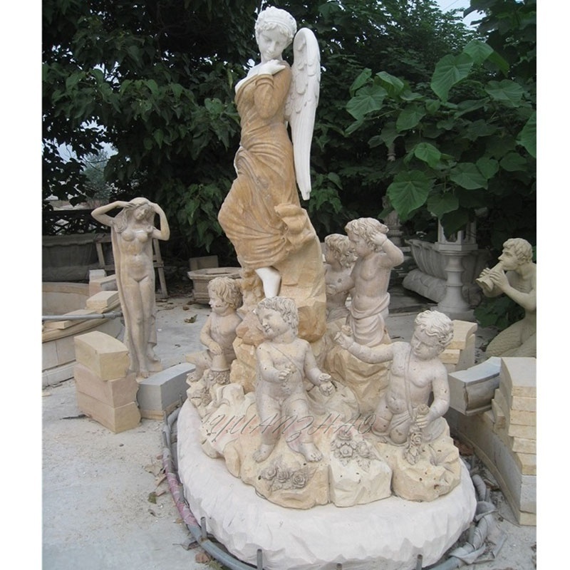 Outdoor Garden Decoration Stone Statue Water Fountain Hand Carved Marble Angel with Children Fountain