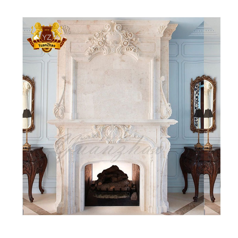 Home Decoration Freestanding Marble Fireplace Beige Marble Fireplace Stone Carving Double Marble Fireplace