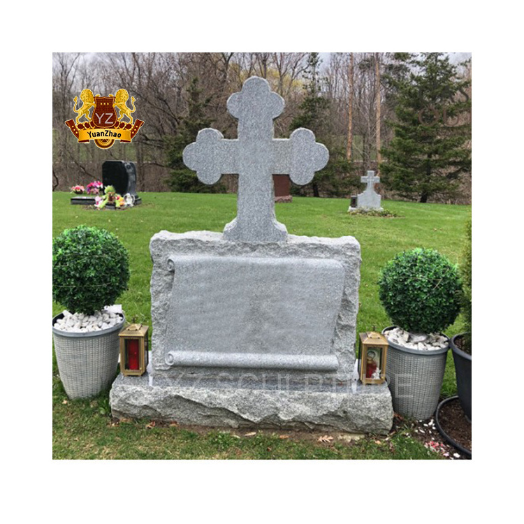 Custom Granite Quartz Italy Headstones Monuments Natural Stone Black Marble Orthodox Cross Headstone With Flower Pots