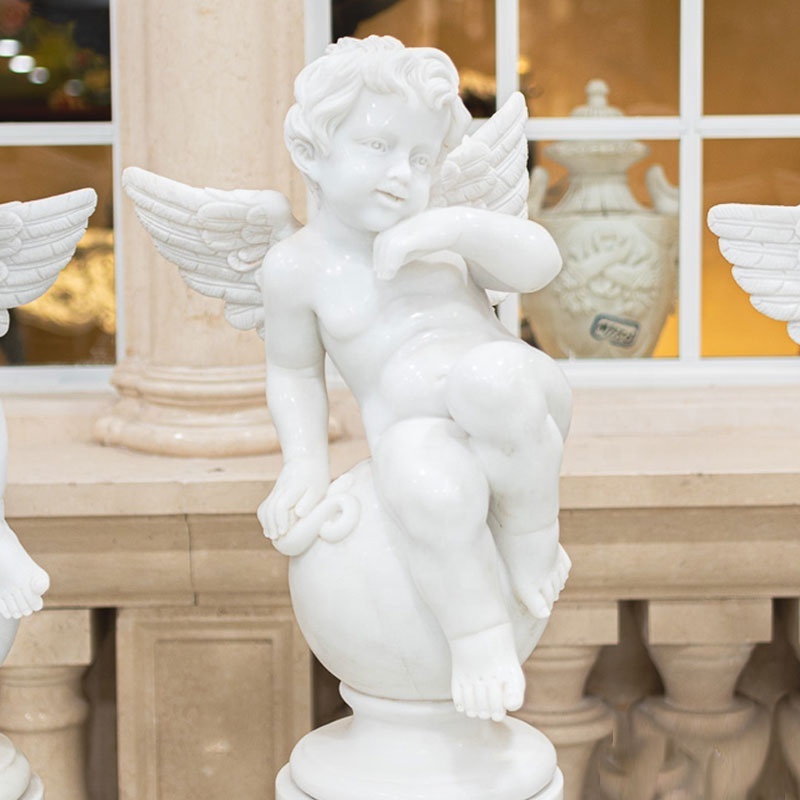 Wholesale Price Hand Carving Solid White Marble Winged Cherub Statue With Big Column Pedestal