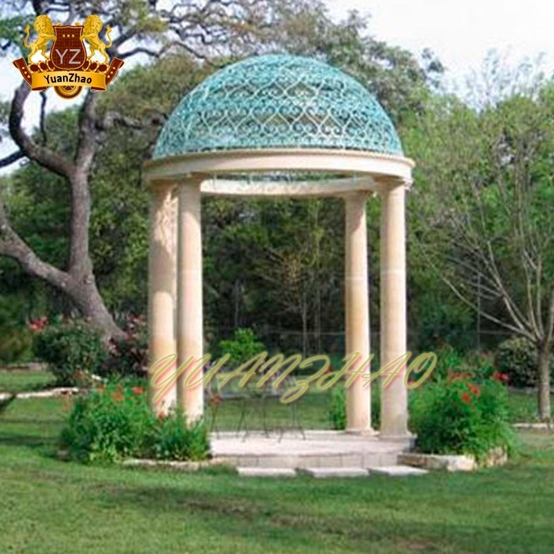 Outdoor Decoration Round Stone Gazebo Marble Victorian  Gazebo With Iron Top For Sale