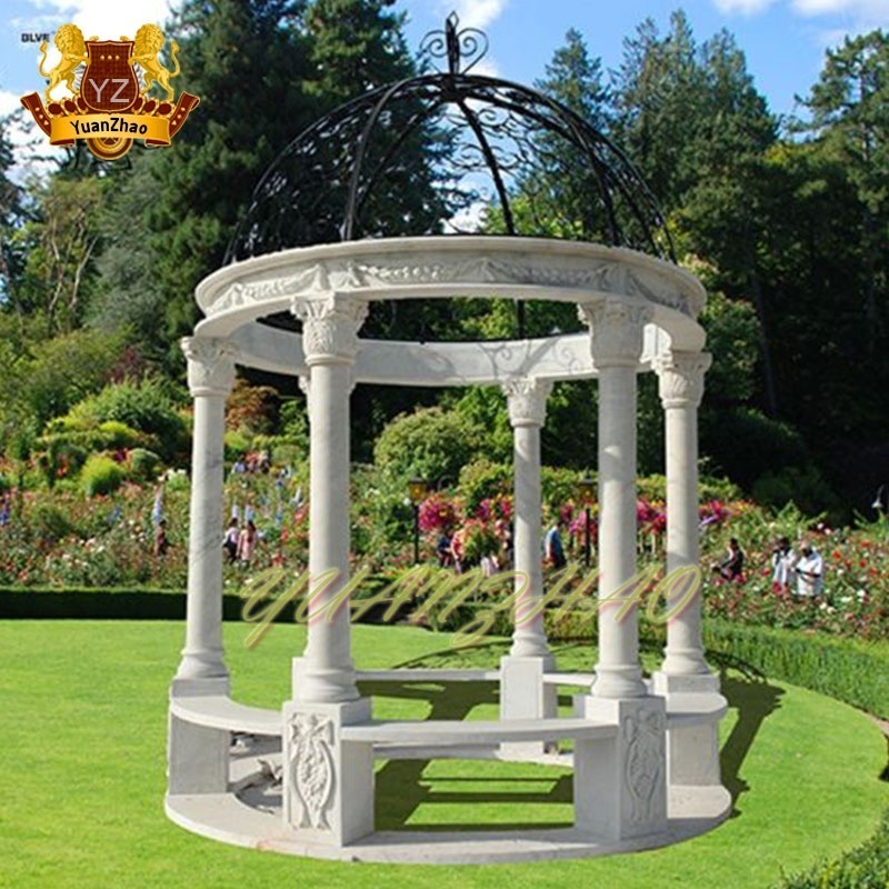 Outdoor Decoration Round Stone Gazebo Marble Victorian  Gazebo With Iron Top For Sale