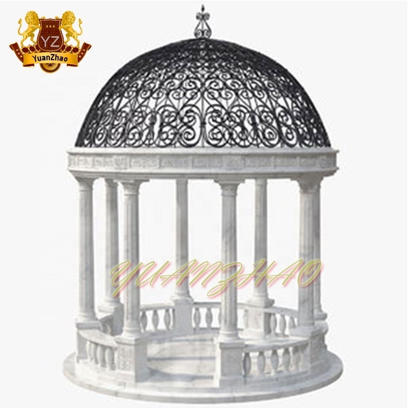 Outdoor Decoration Round Stone Gazebo Marble Victorian  Gazebo With Iron Top For Sale