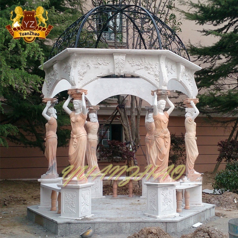 Outdoor Decoration Round Stone Gazebo Marble Victorian  Gazebo With Iron Top For Sale