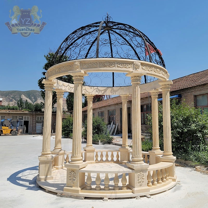 Polished Natural Beige Marble Stone Column Gazebo Pavilion Modern Backyard Large Size Square Shape Garden Beige Marble Gazebo