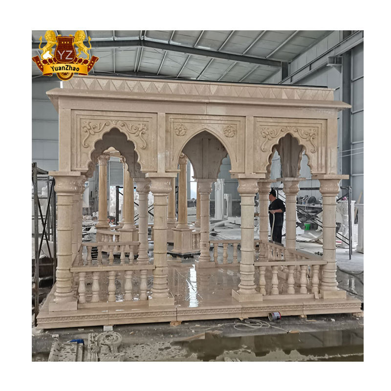 Polished Natural Beige Marble Stone Column Gazebo Pavilion Modern Backyard Large Size Square Shape Garden Beige Marble Gazebo