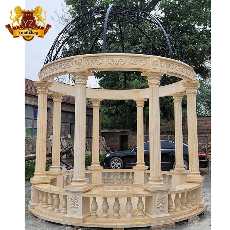 Polished Natural Beige Marble Stone Column Gazebo Pavilion Modern Backyard Large Size Square Shape Garden Beige Marble Gazebo