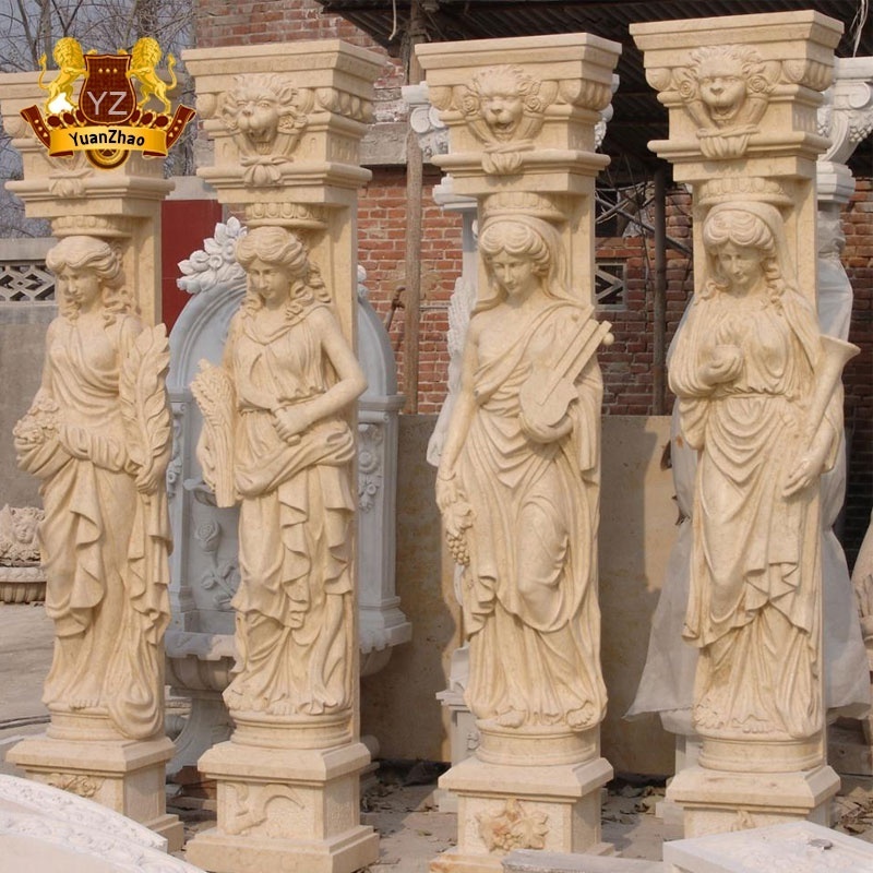 Building Material Exterior Natural Stone Columns Prices Natural Beige Marble Lady Roman Flower Columns Pillar For Sale