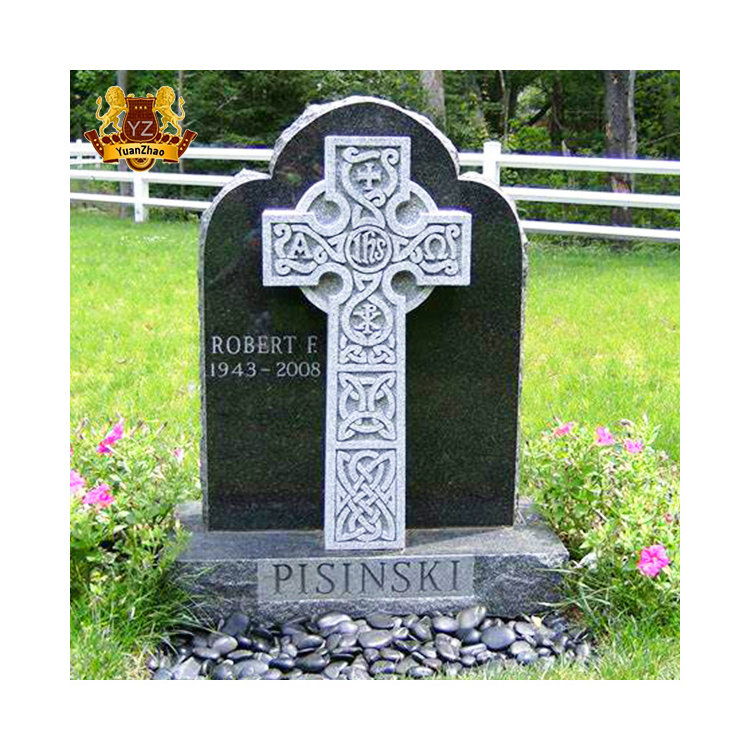 Custom Granite Quartz Italy Headstones Monuments Natural Stone Black Marble Orthodox Cross Headstone With Flower Pots