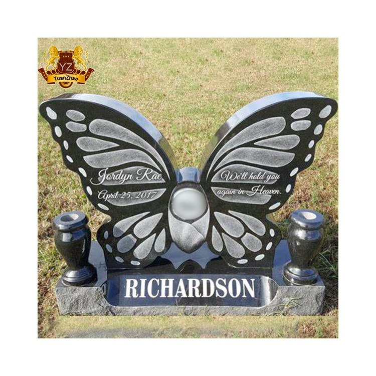 Custom Modern Unique Cemetery Monument Stone Headstones Natural Stone Black Marble Butterfly Headstones