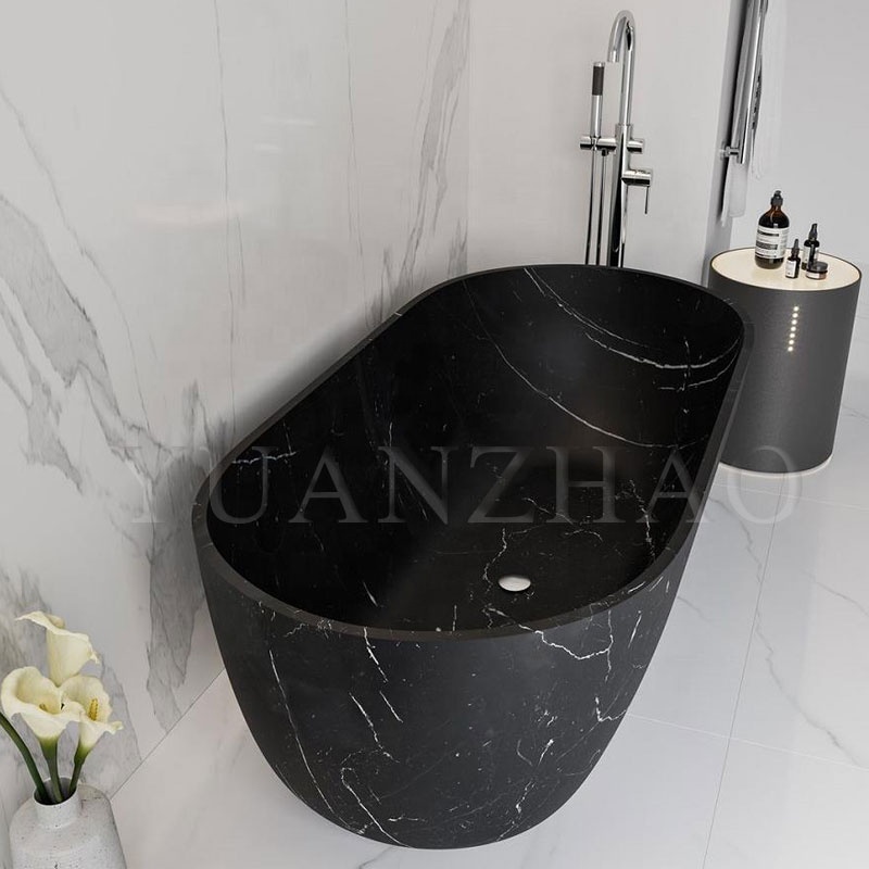 Fashion attractive design hand carved black solid freestanding natural stone bathtub marble round bath tub