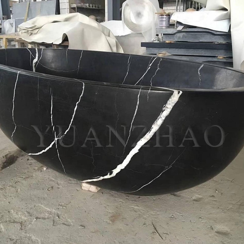 Fashion attractive design hand carved black solid freestanding natural stone bathtub marble round bath tub