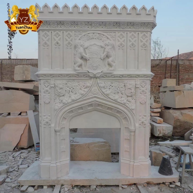 Home Decoration Freestanding Marble Fireplace Beige Marble Fireplace Stone Carving Double Marble Fireplace