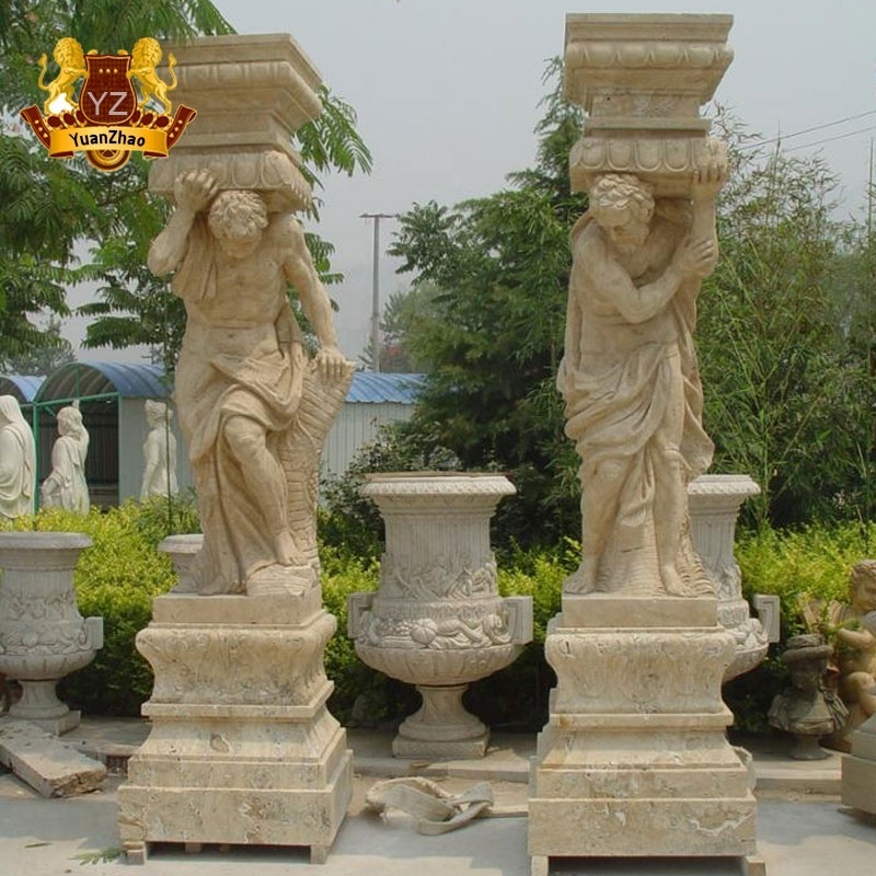 Building Material Exterior Natural Stone Columns Prices Natural Beige Marble Lady Roman Flower Columns Pillar For Sale