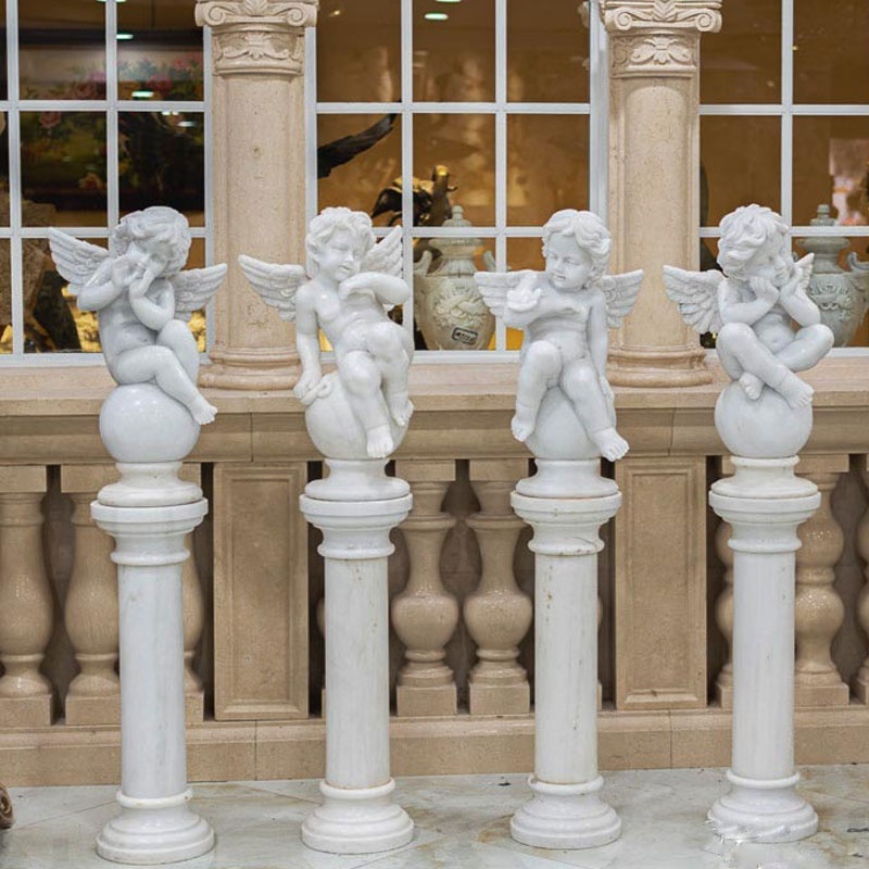 Wholesale Price Hand Carving Solid White Marble Winged Cherub Statue With Big Column Pedestal