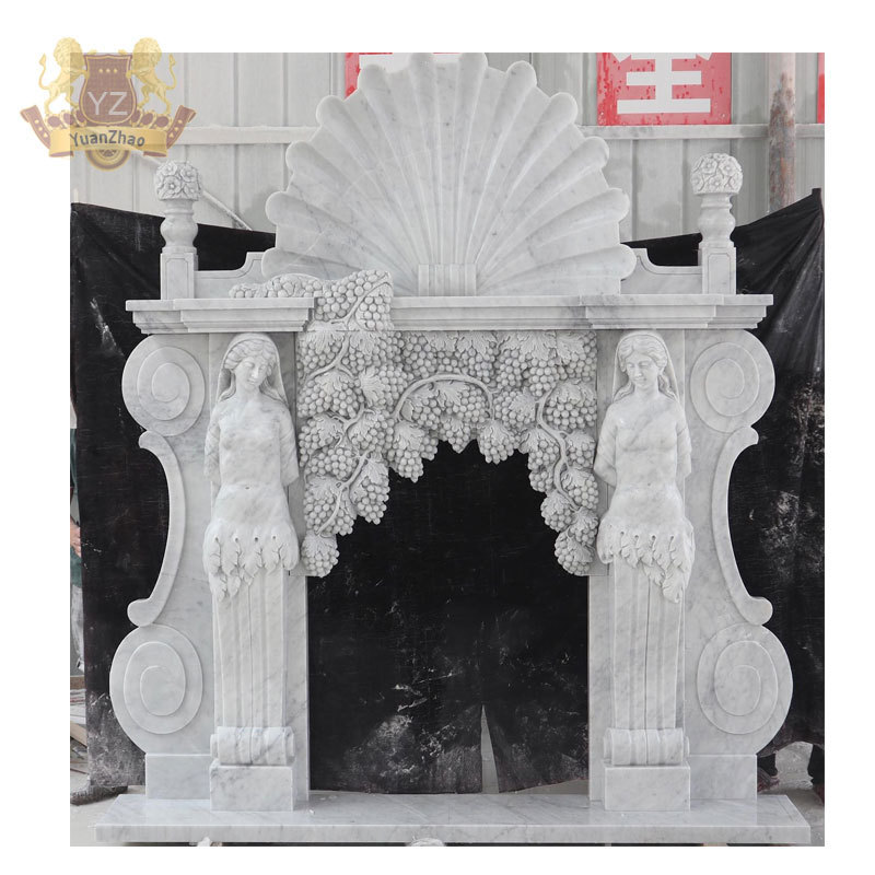 Home Decoration Freestanding Marble Fireplace Beige Marble Fireplace Stone Carving Double Marble Fireplace