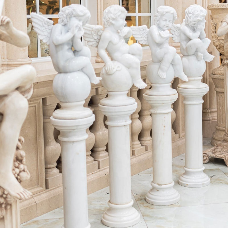 Wholesale Price Hand Carving Solid White Marble Winged Cherub Statue With Big Column Pedestal