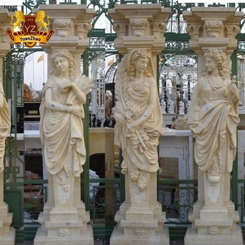 Building Material Exterior Natural Stone Columns Prices Natural Beige Marble Lady Roman Flower Columns Pillar For Sale