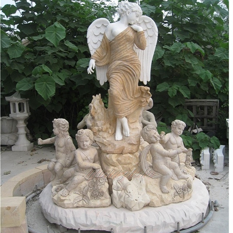 Outdoor Garden Decoration Stone Statue Water Fountain Hand Carved Marble Angel with Children Fountain