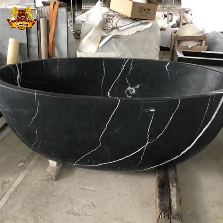 Fashion attractive design hand carved black solid freestanding natural stone bathtub marble round bath tub