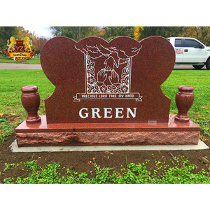 Modern Cemetery Grave Stone Tombstones And Monuments Red Marble Granite Double Heart Headstones With Vases