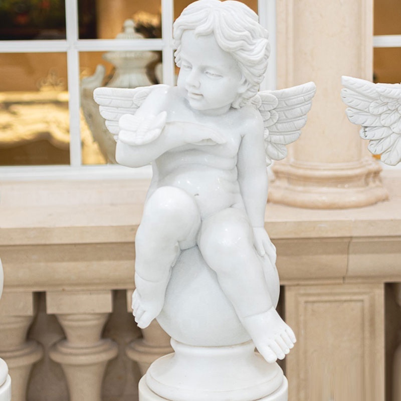 Wholesale Price Hand Carving Solid White Marble Winged Cherub Statue With Big Column Pedestal