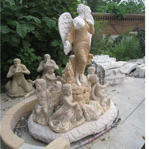 Outdoor Garden Decoration Stone Statue Water Fountain Hand Carved Marble Angel with Children Fountain