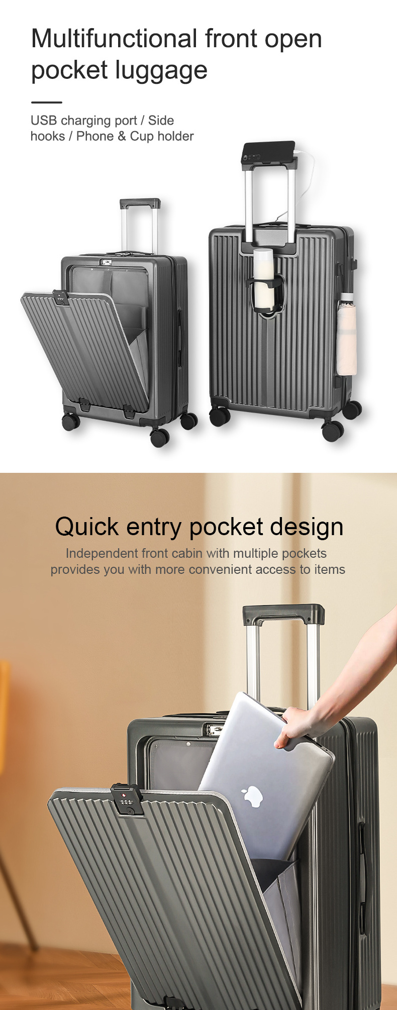 Wholesale Multifunction PC Aluminum Frame Front Open Luggage with Laptop Cup Holder USB Charging TSA Lock Suitcase Luggage