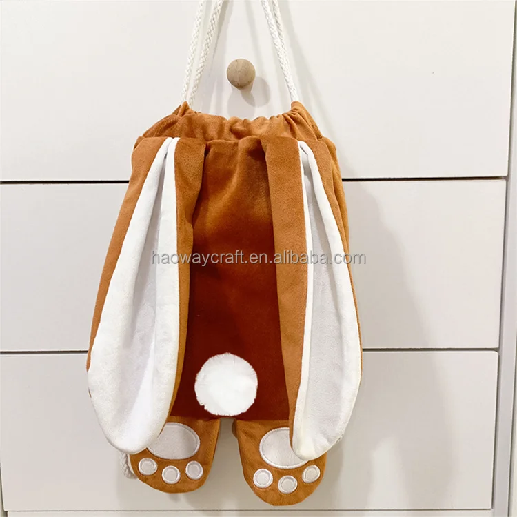 Hot Selling Cute Rabbit Easter Drawstring Candy Basket for Kids Custom Easter Bag Velvet Easter Bunny Backpack