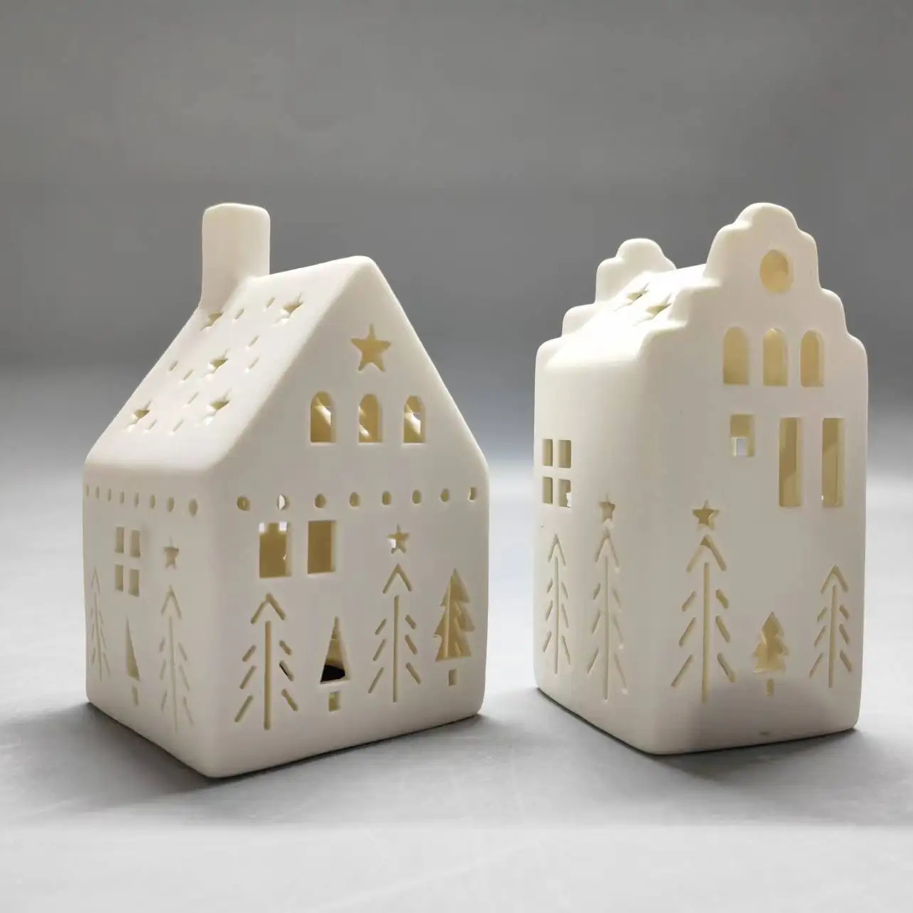 2024 New Arrival White Ceramic Simple House Model Tea Lights Geometric Hollow Out Desktop Christmas New Year Home Ornaments