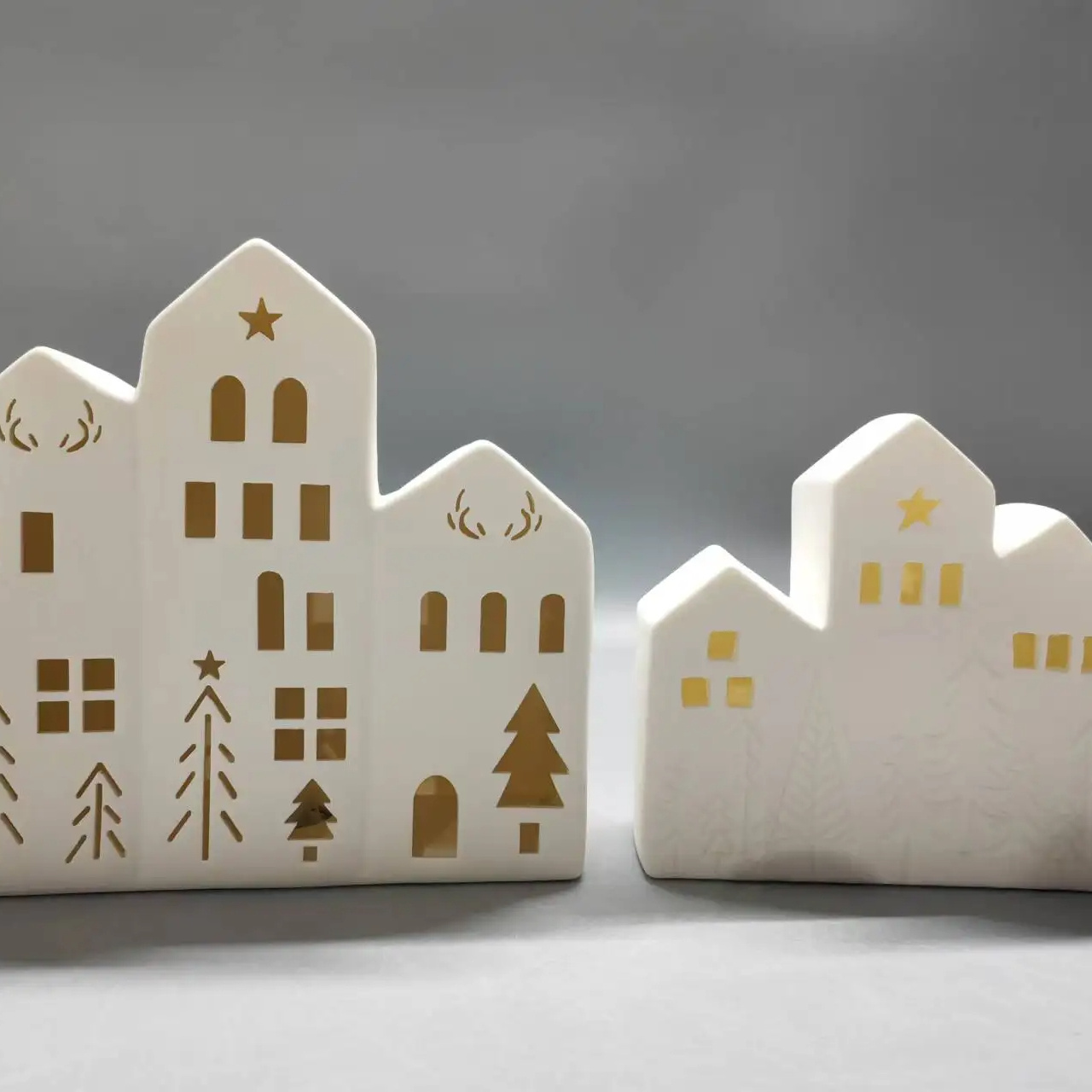 2024 New Arrival White Ceramic Simple House Model Tea Lights Geometric Hollow Out Desktop Christmas New Year Home Ornaments