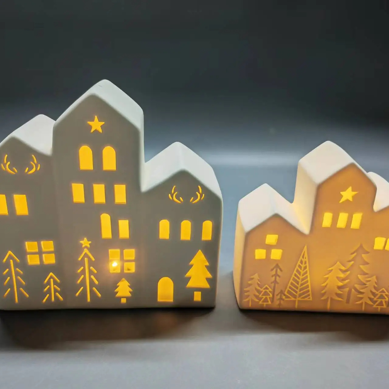 2024 New Arrival White Ceramic Simple House Model Tea Lights Geometric Hollow Out Desktop Christmas New Year Home Ornaments