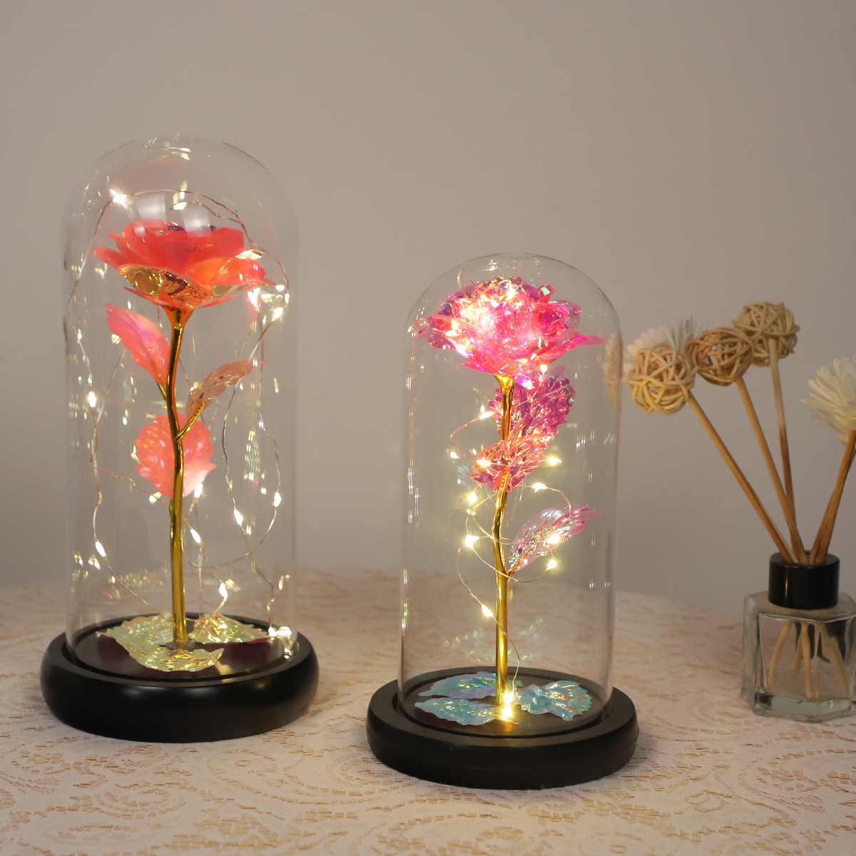 Battery Operated Colorful LED Christmas Gift Forever Rose Light Up Flowers In Glass Dome glass flower light