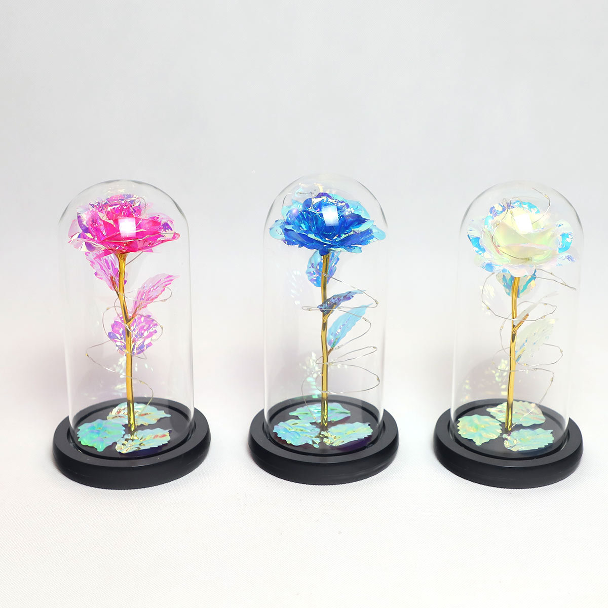 Custom Artificial Valentine's Day Gifts Rose Led in Glass Dome Decorative Flowers Display Glass Domes With lights