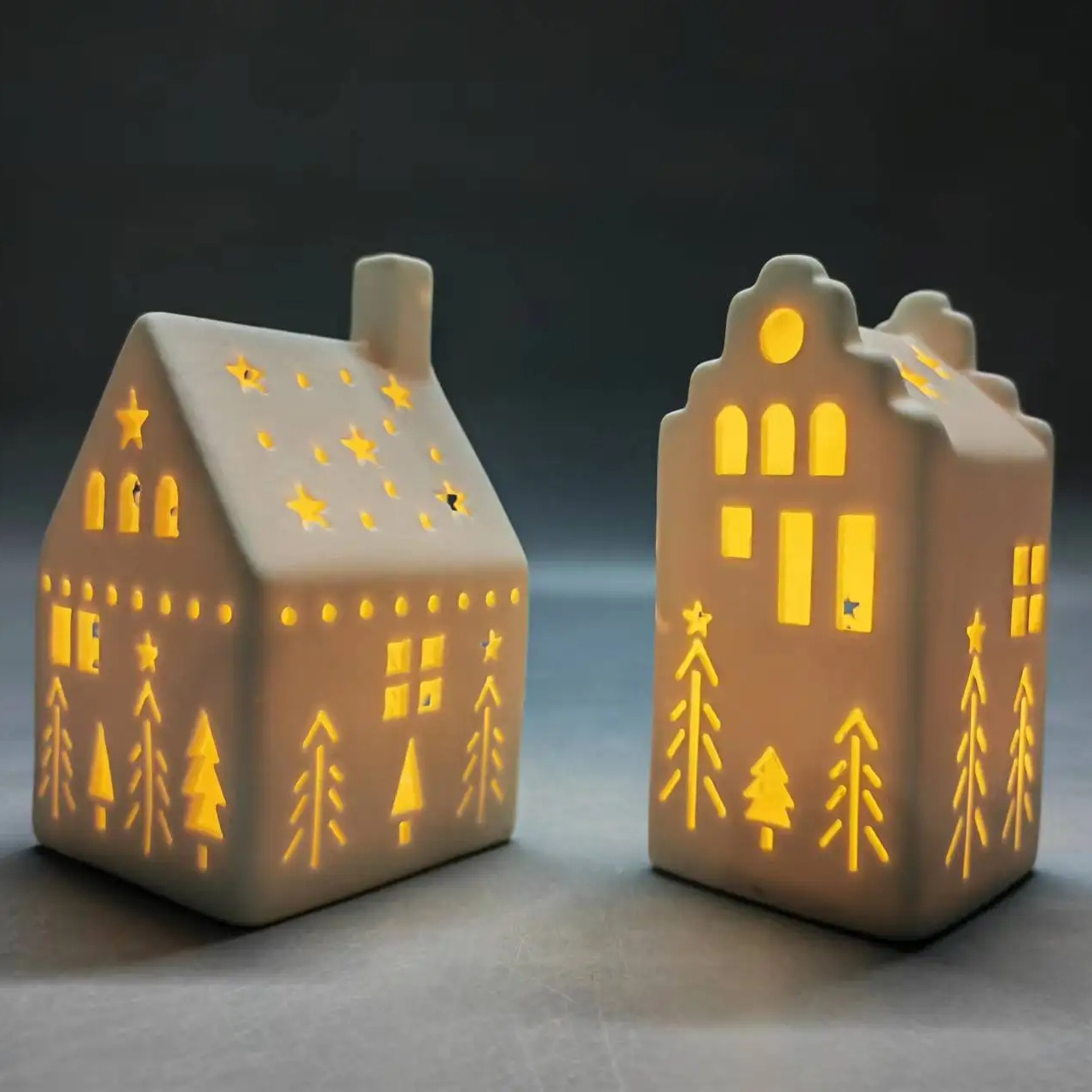 2024 New Arrival White Ceramic Simple House Model Tea Lights Geometric Hollow Out Desktop Christmas New Year Home Ornaments