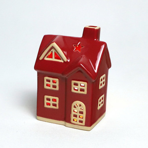 Red porcelain village votive candle holder Wholesale Ceramic church House Tealight Holder Christmas gift for sale