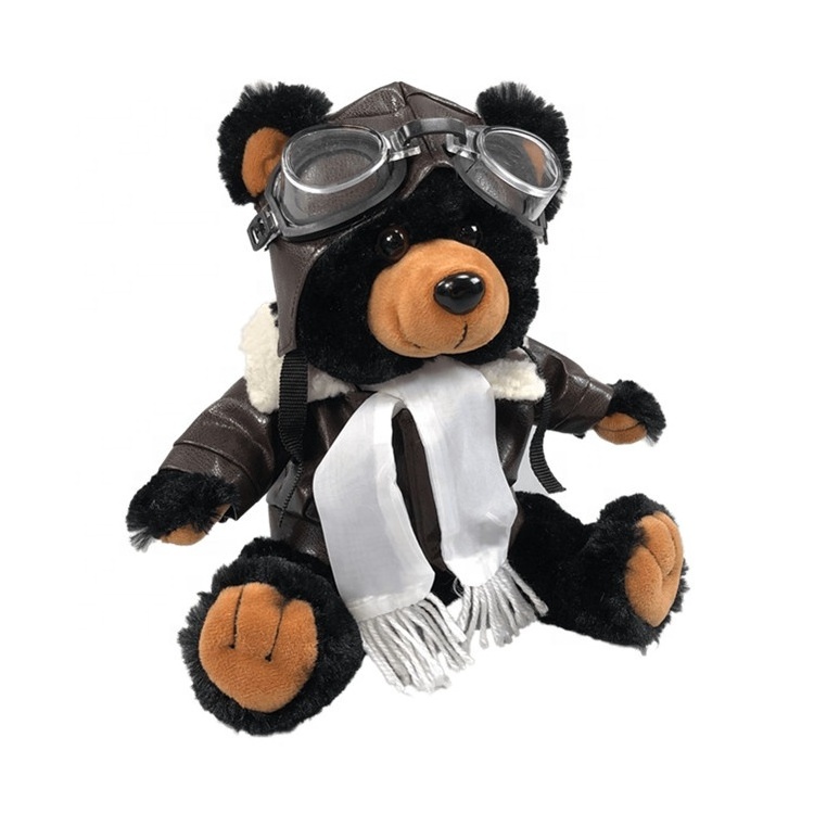 Original manufacturer  new sunrise custom handsome soft plush aviator teddy bear doll toy with glasses leather garment