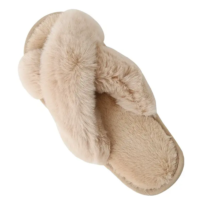 Fashion design Plush cross home slipper flat anti slip indoor lady women furry faux fur plush winter warm indoor slipper